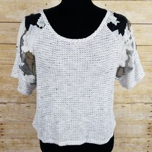 Paper Crane Crop Top With Sheer Floral Sleeves